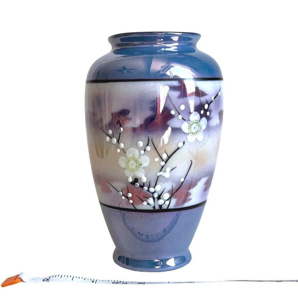 Vintage Japanese Lusterware Bud Vase Hand Painted Cherry Blossom Moriage 6in